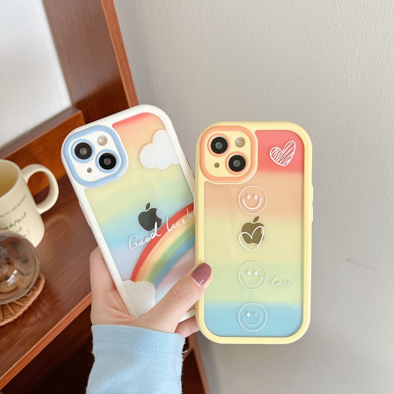 Soft Case Pelindung Kamera IPhone Xr Xs Max Ip Apple 11 12 13 Pro Max Motif Pelangi Senyum Untuk Wanita