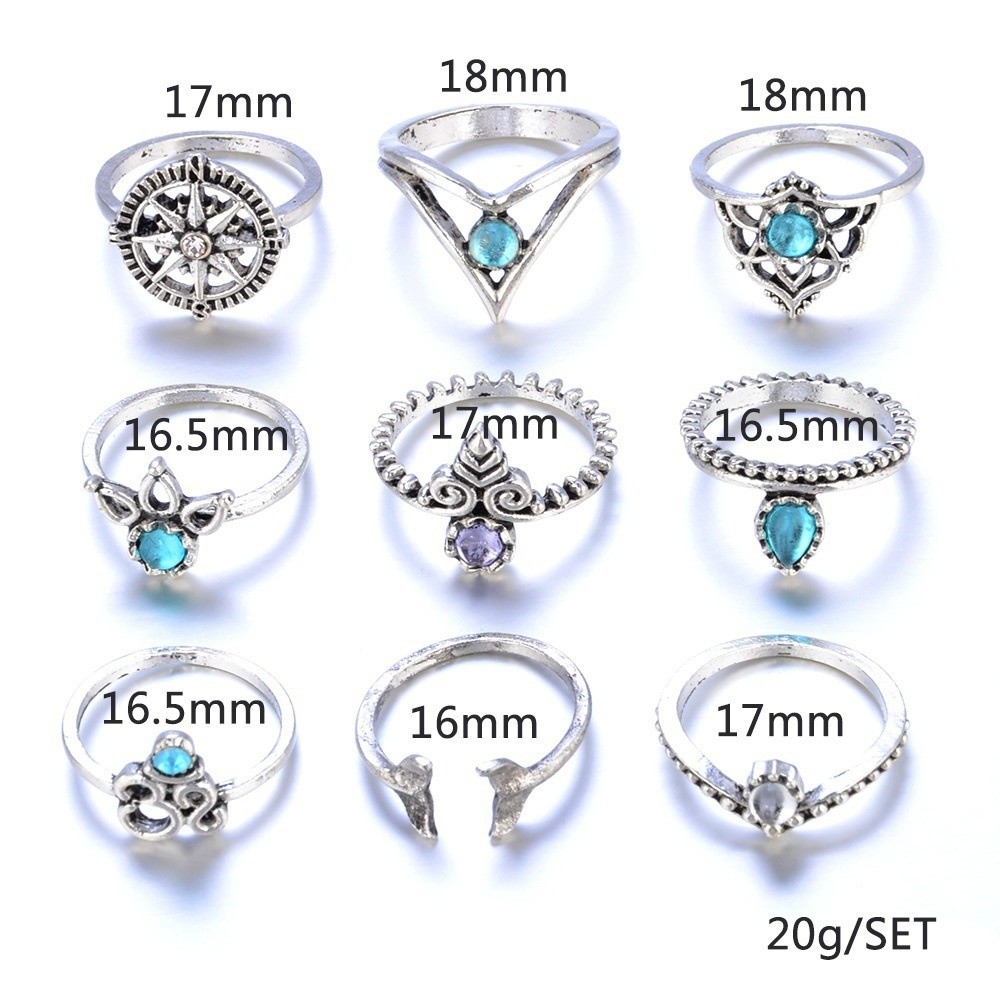 【COD Tangding】9 Pcs/Set Bohemian Yoga Water Drop Hollow Carved Diamond Women Ring Set