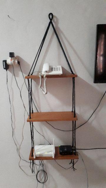 Rak Dinding Gantung Pot Tanaman 3 Susun Colat Tali Hitam Minimalis