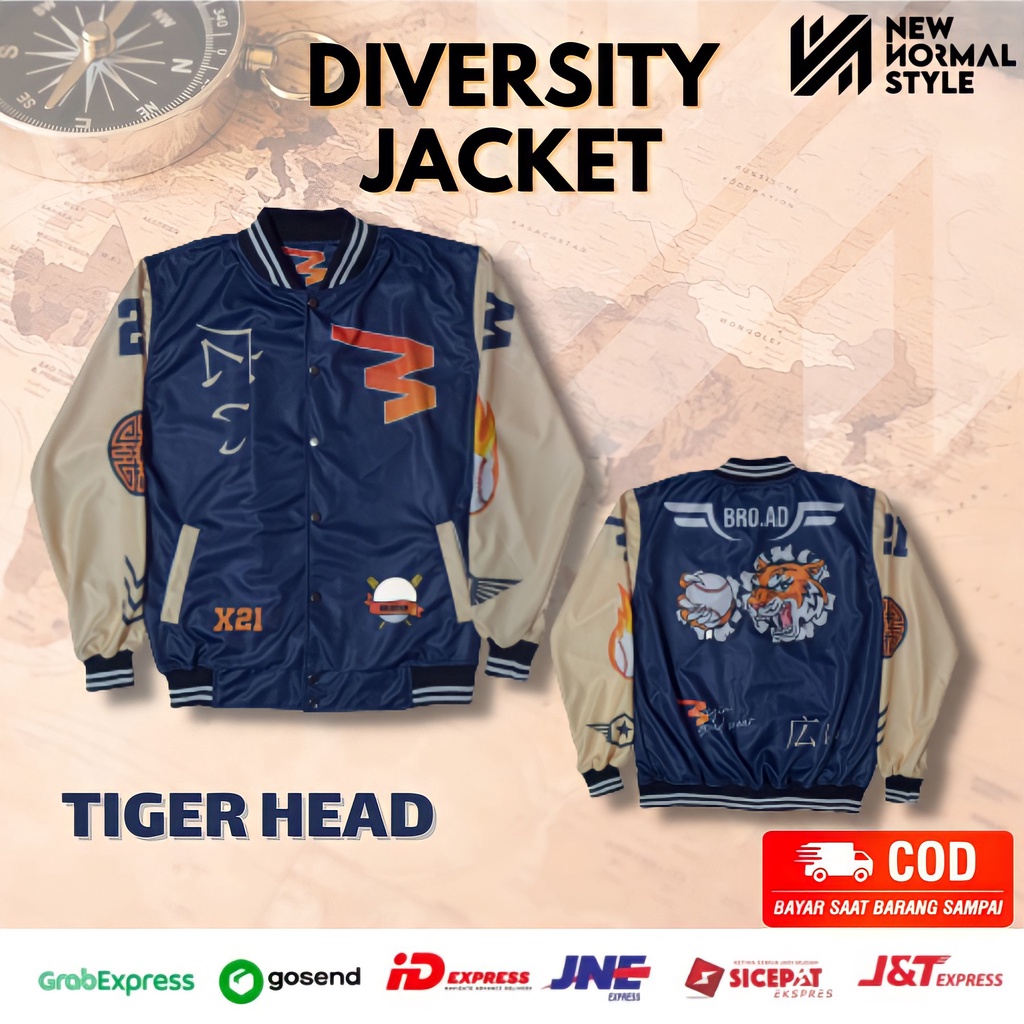 TIGER HEAD SERIES Jaket Baseball Varsity Bomber Vintage Jacket Casual Pria Wanita Cowok Laki Distro Keren Dewasa Terbaru Original