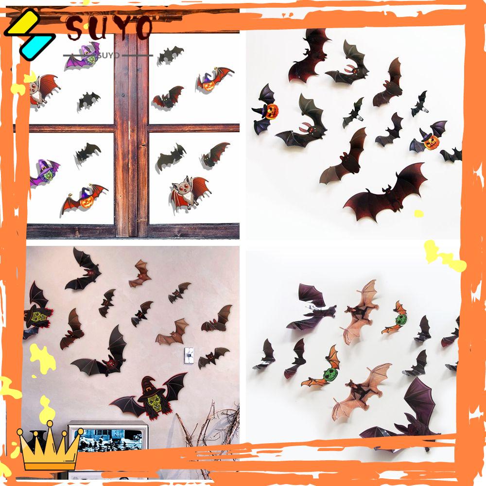 Suyo 12PCS / Set Stiker Dinding Motif Kartun Kelelawar / Labu Halloween Untuk Dekorasi Pesta