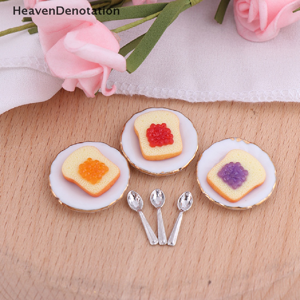 (Heavendenotation) 3pcs / Set Miniatur Piring + Sendok Roti Panggang Skala 1: 12 Untuk Aksesoris Rumah Boneka