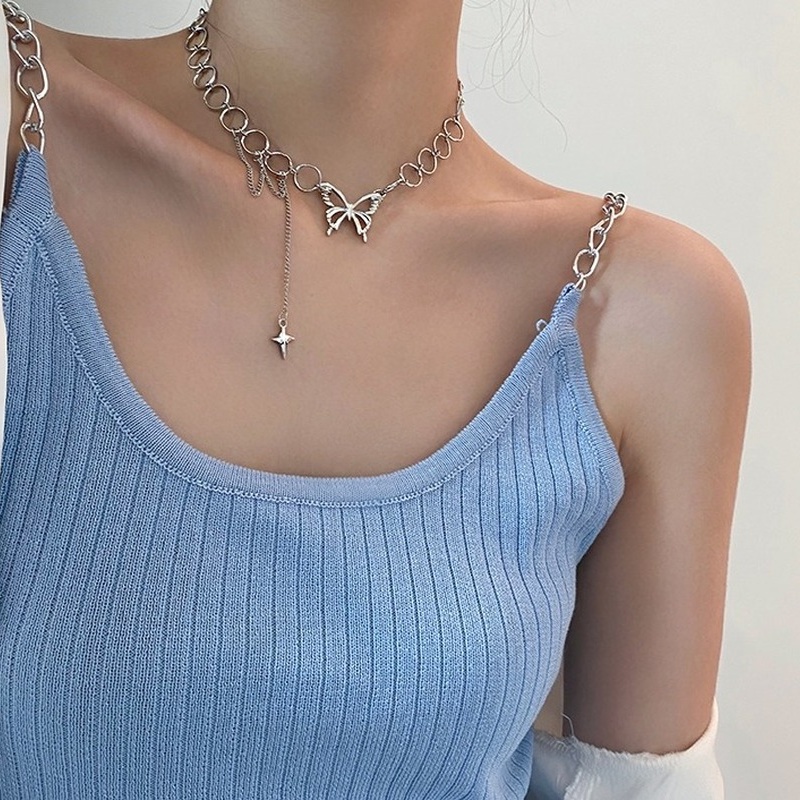 Kalung Choker Rantai Rumbai Desain Kupu-Kupu Gaya Hip Hop Punk Untuk Wanita