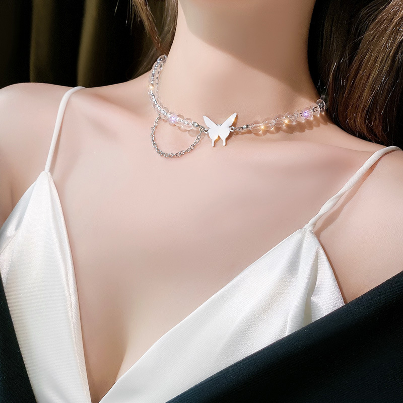 YEEZII Kalung Rantai Klavikula Hias Manik-Manik Kupu-Kupu Bulat Transparan Gaya Korea