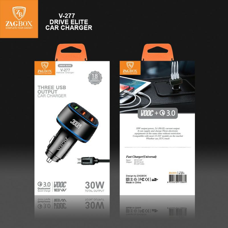 Car Charger Quick Charge 3.0 / VOOC ZAGBOX 3 Usb + 2.4A - 30W V-277