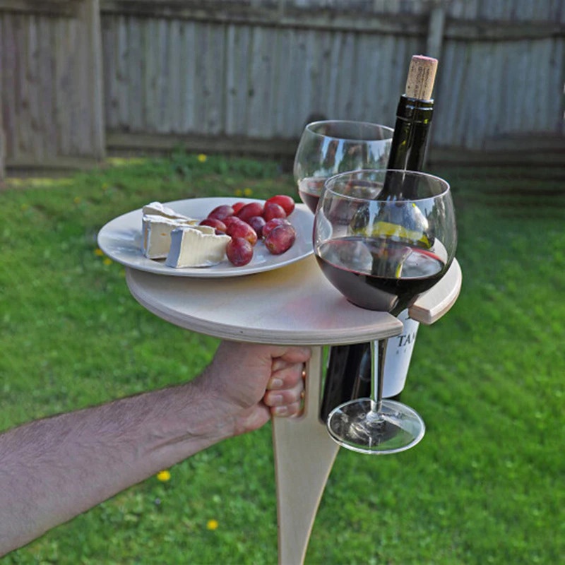 Meja Mini Outdoor Taman Slot Gelas Botol Piring Foldable Picnic Wine Table - KT007 - Wooden