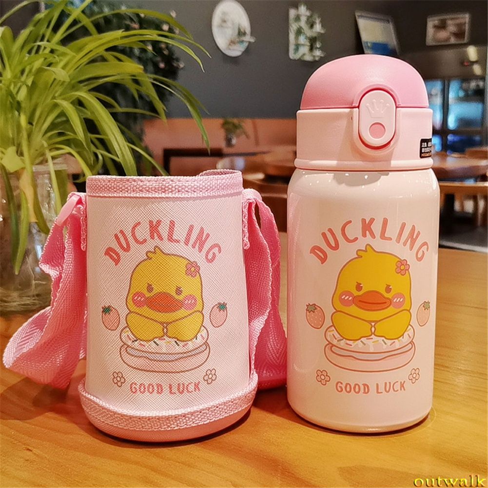 Botol Minum Thermos 400ml Bahan Stainless Steel Motif Kartun Hewan Dengan Sedotan Dan Tali Bahu Untuk Anak