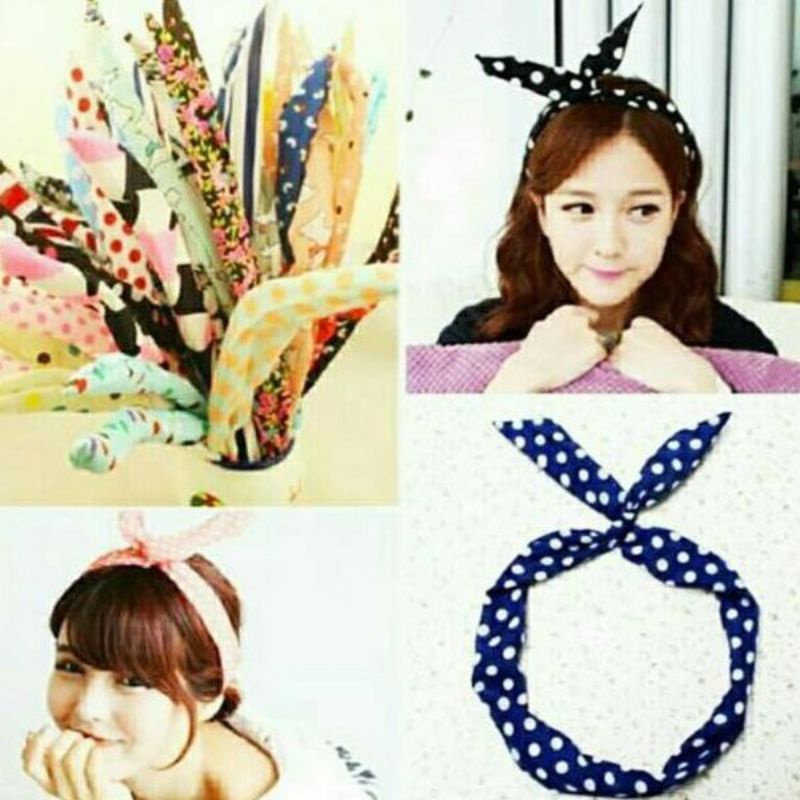 BD0049 Bando Pocong / bendo Bandana Kawat Aksesoris rambut Donat Satin / Baldu Polkadot Corak, bendo