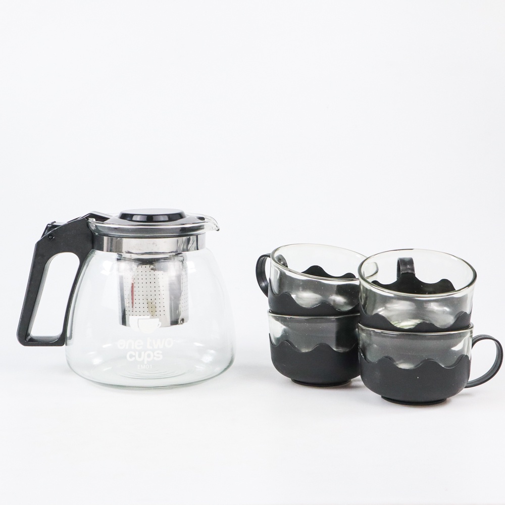 Teko Pitcher Minuman Teh Kopi dengan Saringan Infuser Set 4pcs Gelas Kaca / Teko Kaca 950ml dengan Saringan Infuser dan 4pcs Gelas