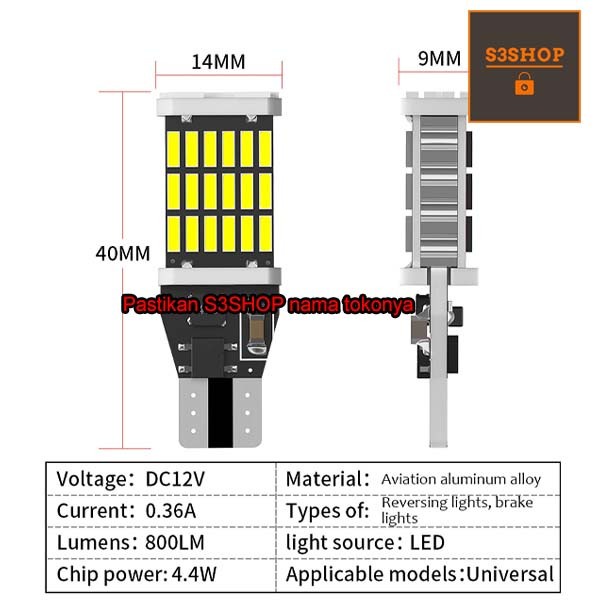 Lampu LED T15 Mundur Senja 45 SMD 4014 Canbus T10 Super Terang W16W