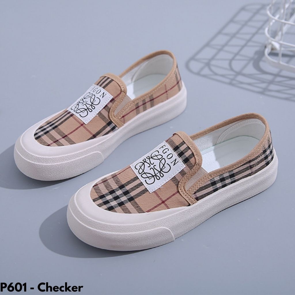 SEPATU SNEAKERS WANITA SLOP TANPA TALI KANVAS SOLE KARET NYAMAN REMAJA DEWASA KERJA NGANTOR P601-Checker