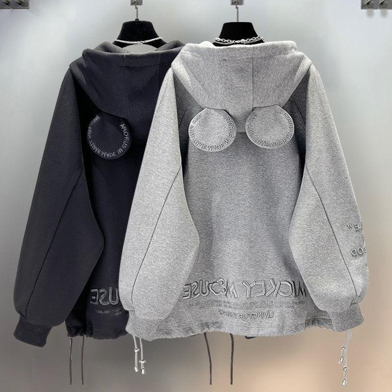 [littlecrab] Jaket Mickey Mouse Zipper Oversize Hoodie Resleting Hitam Putih Abu-Abu Telinga Bulat Lucu Unik Berkualitas Hoodie Jacket Living For Yourself Bordir Topi Telinga Tikus Lucu Unisex Korean Style