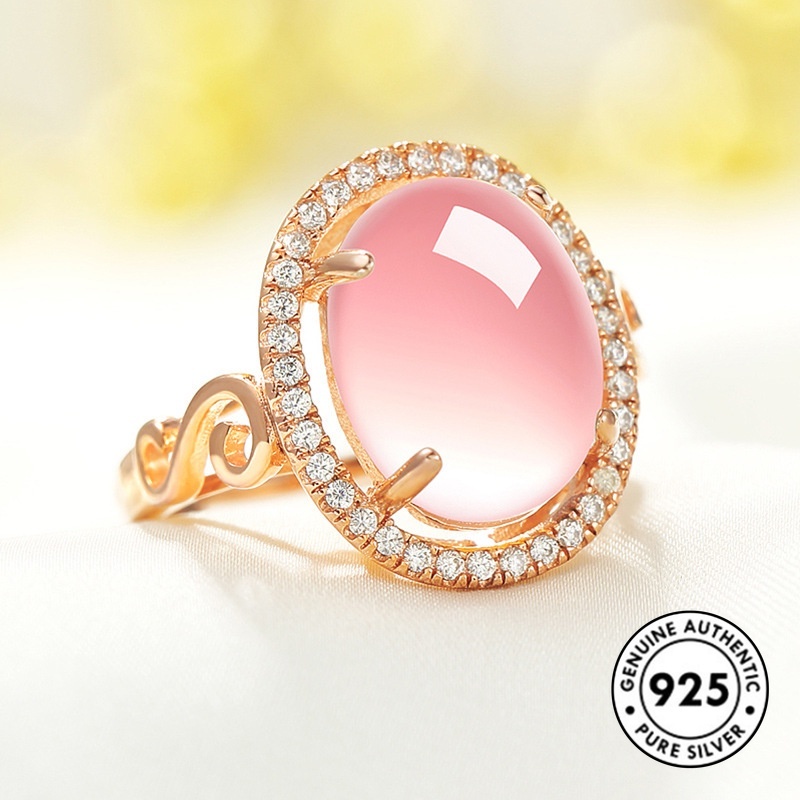 Cincin S925 Silver Warna Rose Gold Aksen Kristal Pink Untuk Wanita