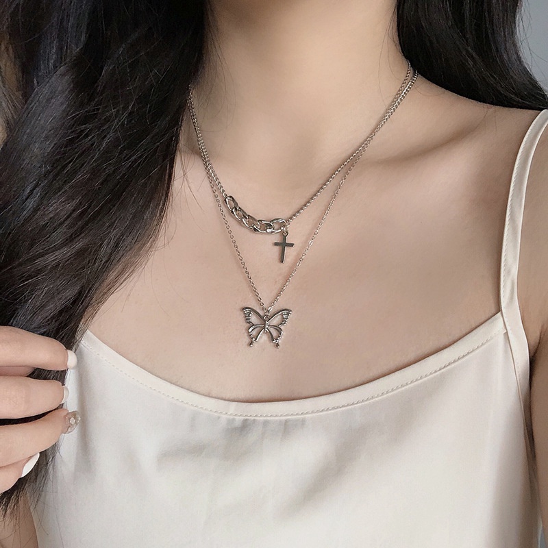 Kalung Rantai Liontin Butterfly Cross Gaya Korea Untuk Wanita