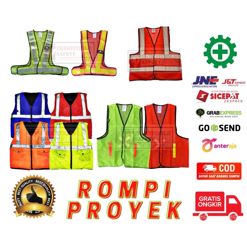 ROMPI SAFETY PROYEK V LINE KERJA ORANGE / HIJAU STABILO / BIRU / MERAHJARING / BUSA / POLYESTER 4GARIS GOSAVE GARANSI MURAH ROMPI PROYEK