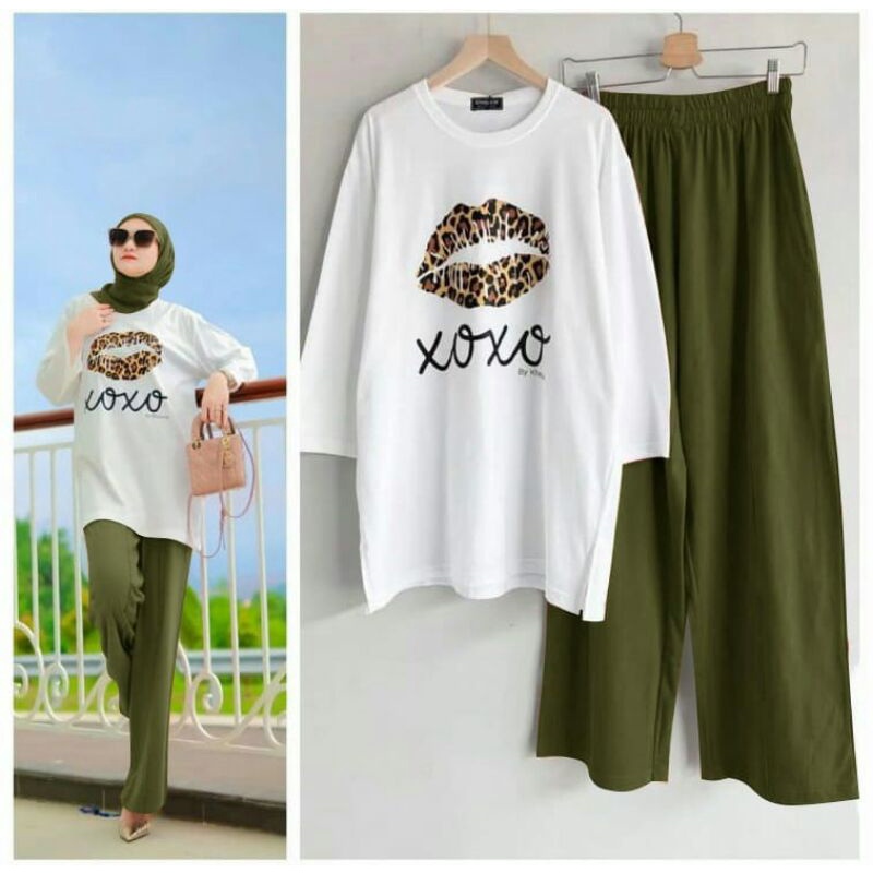 SETELAN KULOT BABYTERRY XOXO SIZE L XL XXL / SETELAN BAJU MUSLIM WANITA TERBARU / ONE SET TUNIK + CELANA PANJANG