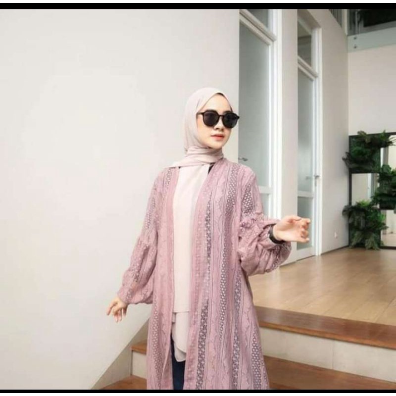 PROMO Long Outer Panjang Kardygan Lace Brukat Lengan Balon | Cardigan Baju Wanita Muslimah | Busana Pantai