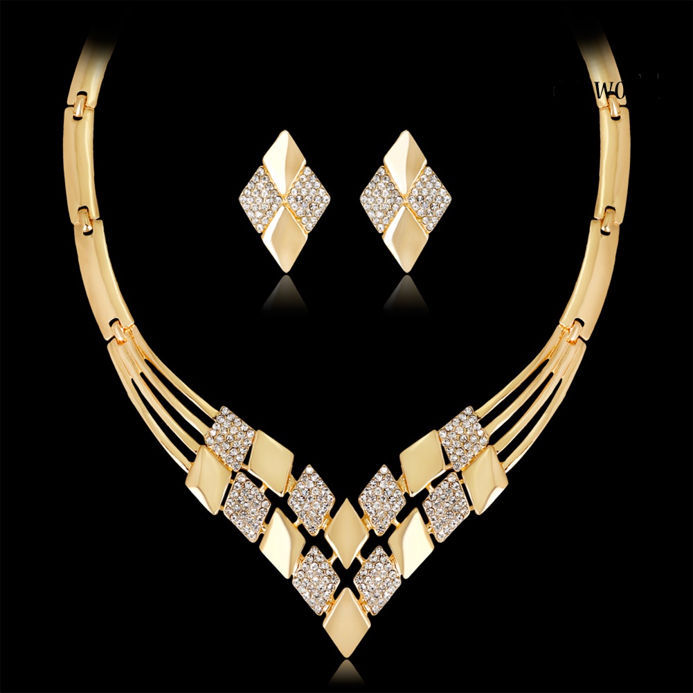 OW@ Women KC Gold Plated Rhombus Shape Necklace Earrings Rhinestones Jewelry Set