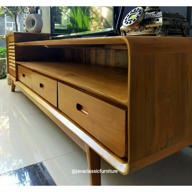 BUFET CABINET TV RETRO MINIMALIS VINTAGE PANJANG 2 METER BAHAN KAYU JATI GRADE A BUFFET DRAWER PAJANGAN RUANG TAMU KELUARGA MURAH FINISHING NATURAL FURNITURE JEPARA-4