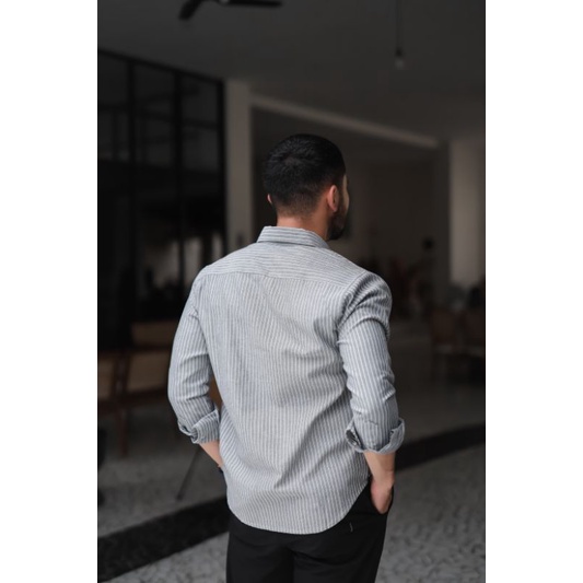 Mubeng - Kemeja Panjang Royal Oxford Dark Grey Stripe