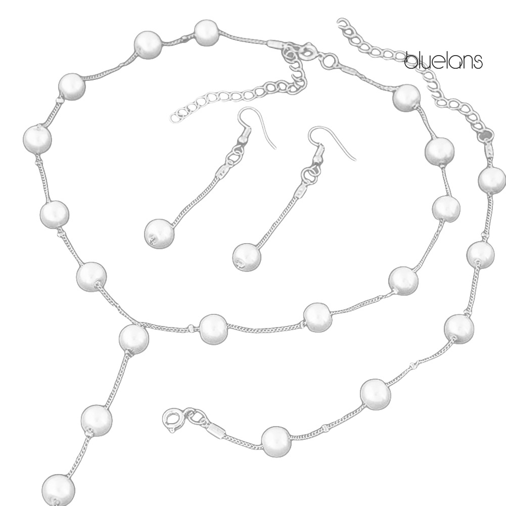 Bluelans 3Pcs Sweet Women Faux Pearl Long Chain Dangle Earrings Bracelet Necklace