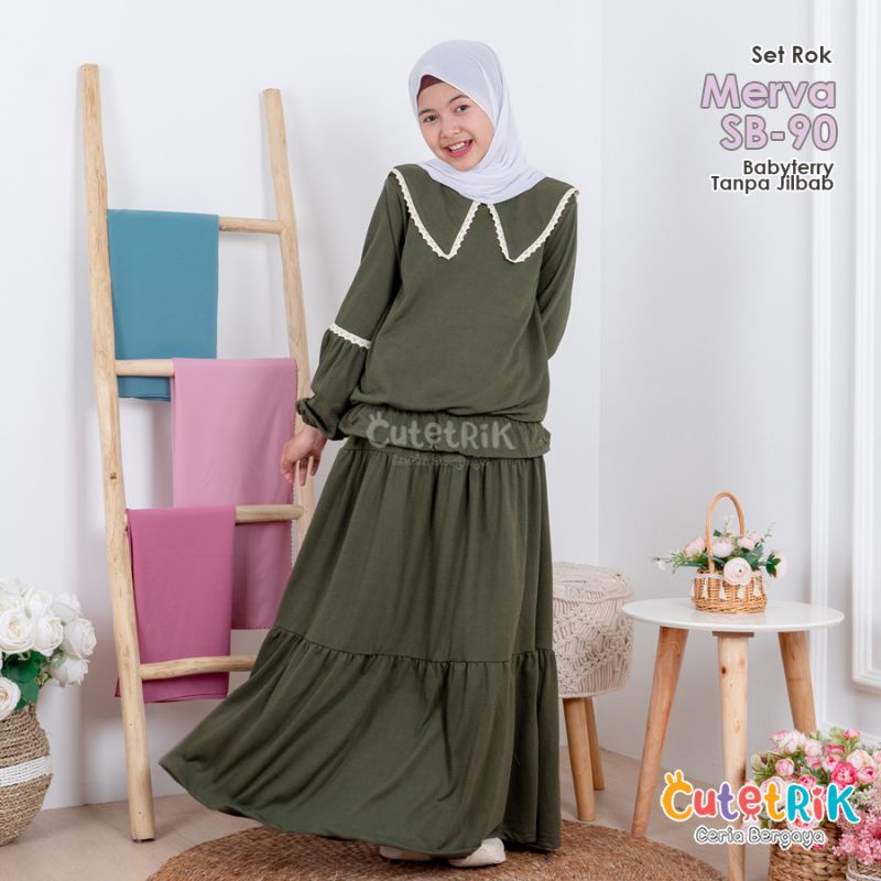 SET ROK MERVA SET TUNIK ANAK CEWEK WARNA HIJAU BAHAN BABYTERI PREMIUM BAJU SETELAN ANAK CEWEK BAJU M