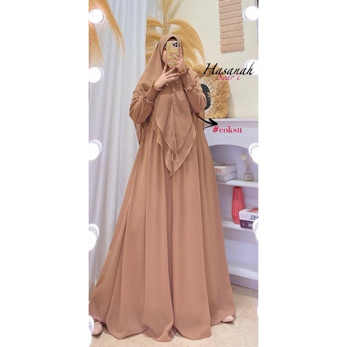 Gamis syari hasanah bahan ceruty baby doll premium full furing / busui / resleting-Coksu