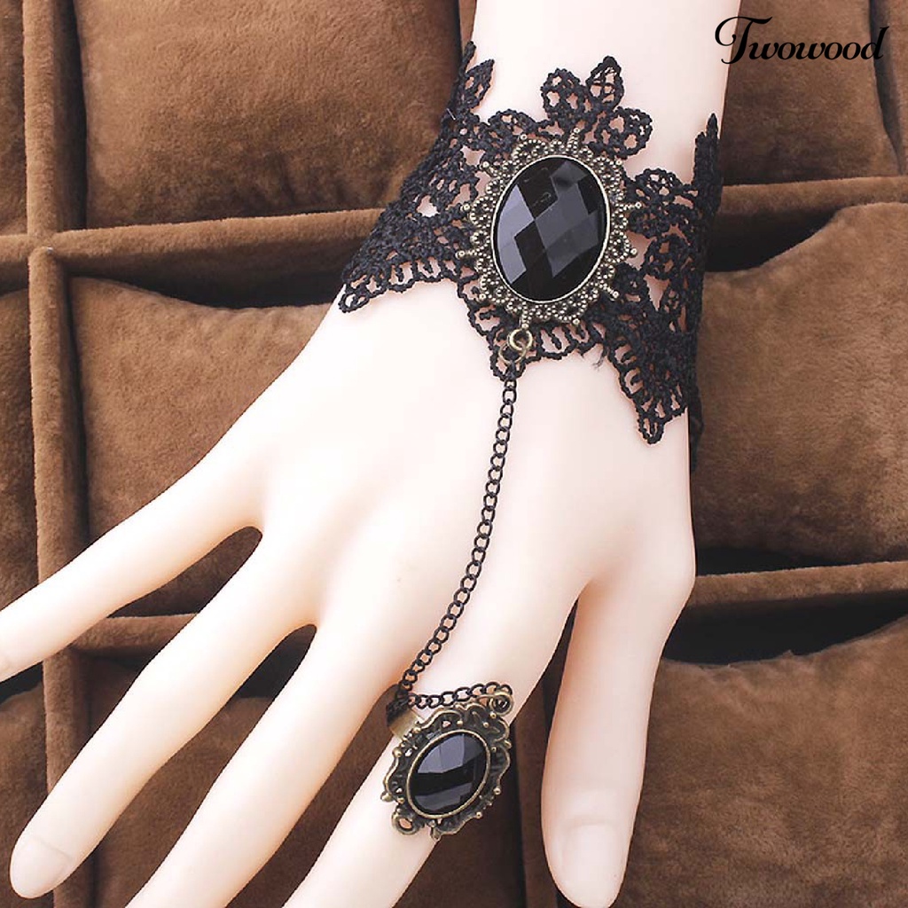 Twowood Rose Decor Black Lace Ring Bracelet Women Faux Gem Faux Pearl Ring Hand Chain Jewelry Accessory