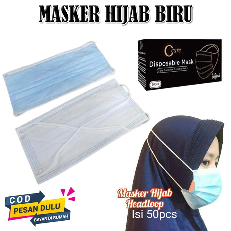 1Box 50Pcs Masker Hijab Headloop Masker C Care Hitam&amp;Biru Disposable Mask Non Surgical masker korea