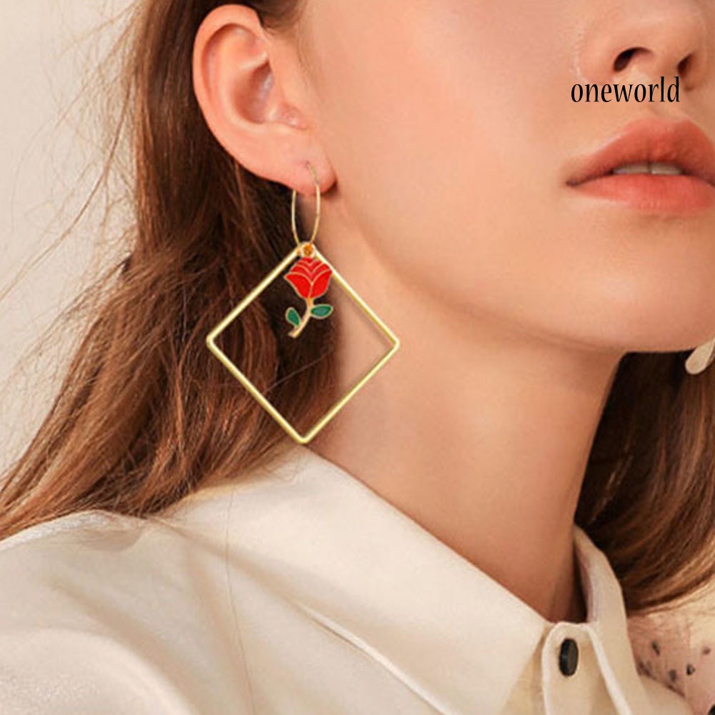 OW@ Fashion Women Hollow Square Bee Cherry Rose Long Dangle Hoop Earrings Jewelry 