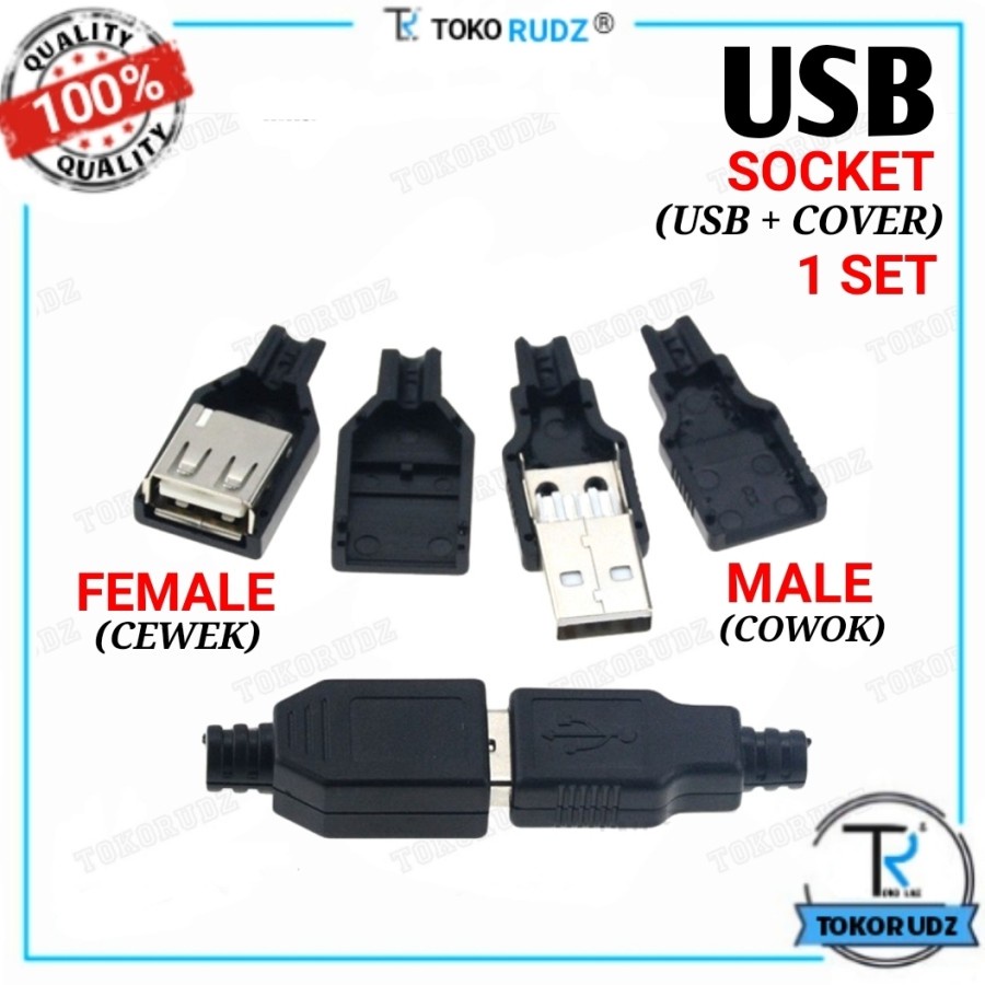 Konektor USB Type A 4 Pin Soket Kosong 1 Set Plug Socket Connector Cowok Male Cewek Female