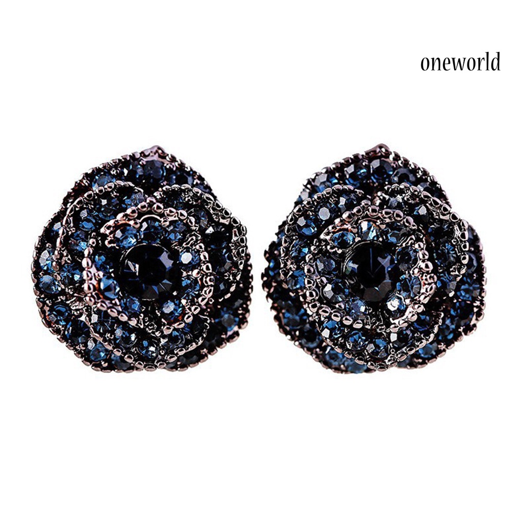 OW# Fashion Women Blue Flower Rhinestone Ear Stud Earring Jewelry Accessory Gift