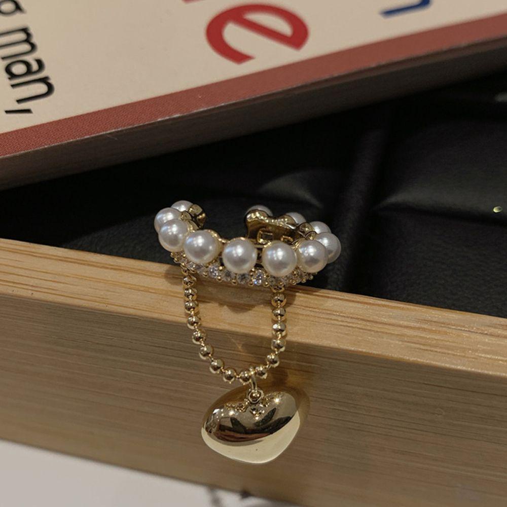 Needway Wanita Klip Telinga Trendi Elegan Mutiara Hati Tergantung Temperamen Zirkon Klip On Anting