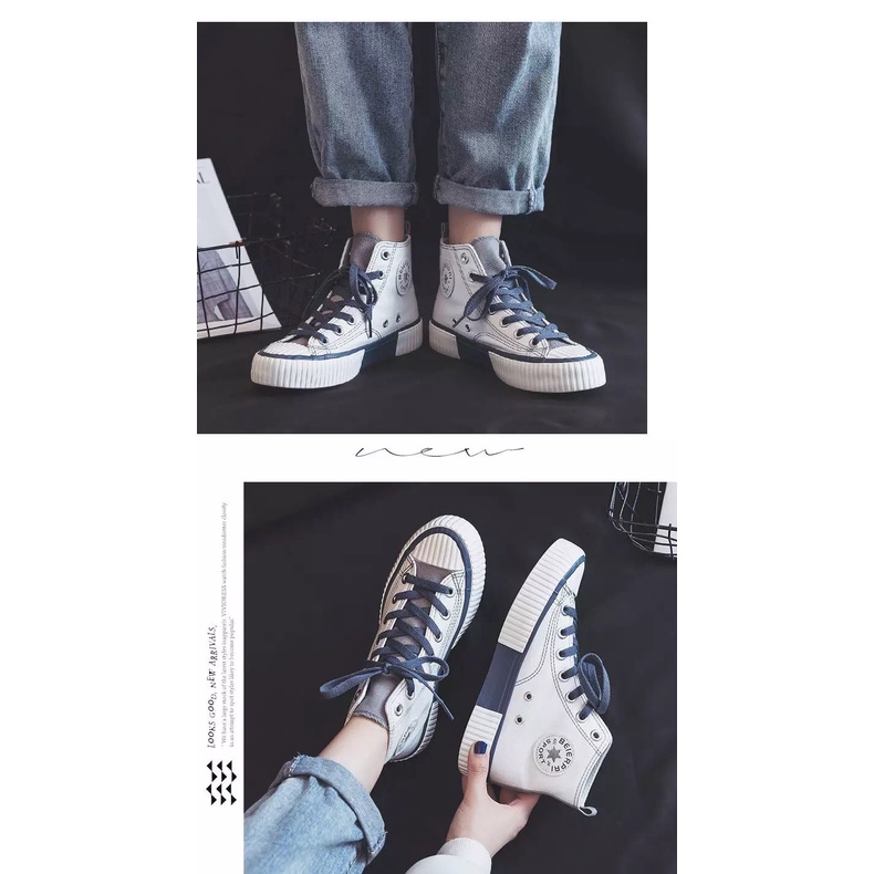 [ PAKAI DUS SEPATU ] IDEALIFESHOES Sepatu Wanita canvas Sneakers Abg Putih Biru Garis Import Korea High Top Kanvas import  KY-03