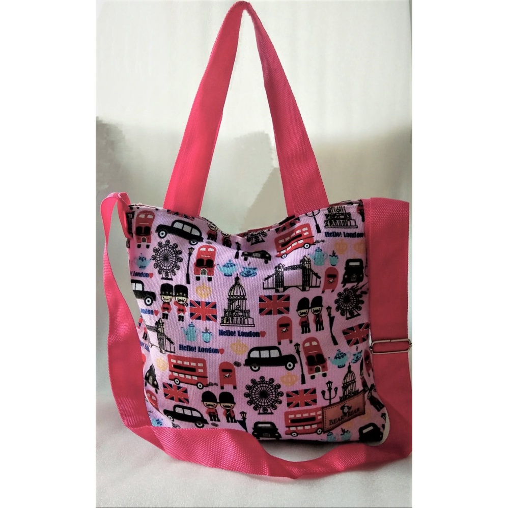 Tas Slempang & Bahu Kanvas Motif Hello London Pink BB.010