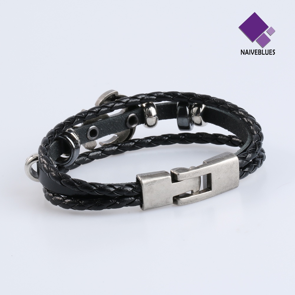 Naiveblue Gelang Tangan Kulit Imitasi Aksen Jangkar Bahan Metal / Baja Gaya Vintage Untuk Pria