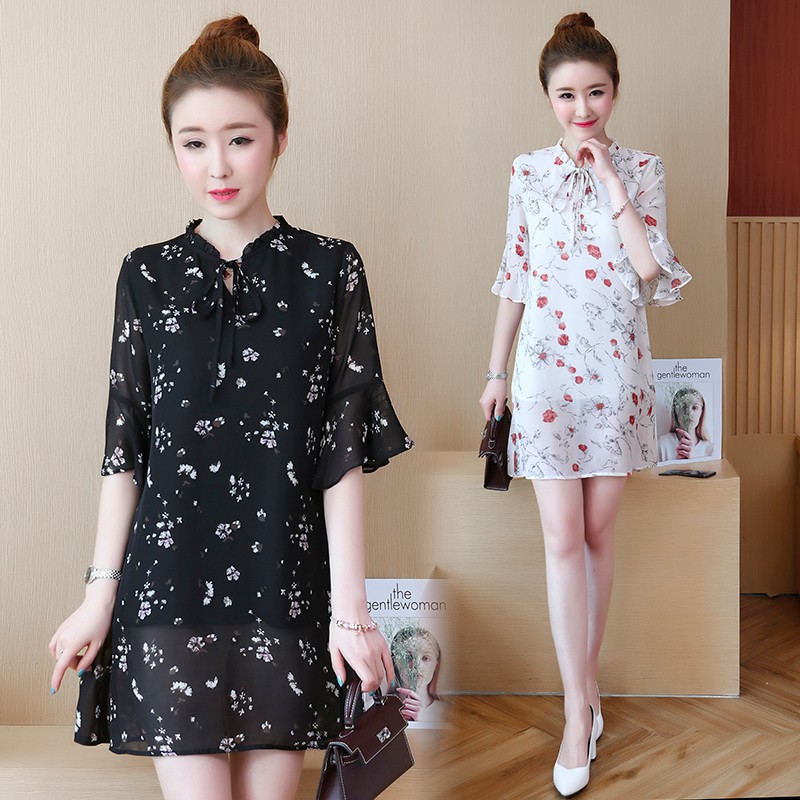 Dress Midi Wanita Casual Elegan Bahan Sifon Versi Korea Ada Ukuran Besar untuk Musim Panas