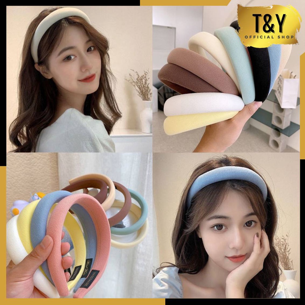 T&amp;Y Bando Korea Wanita Dewasa Polos Kain Busa Tebal Headband Cloud Lebar Empuk Bandana Lembut Warna Pastel Hair Band Korean