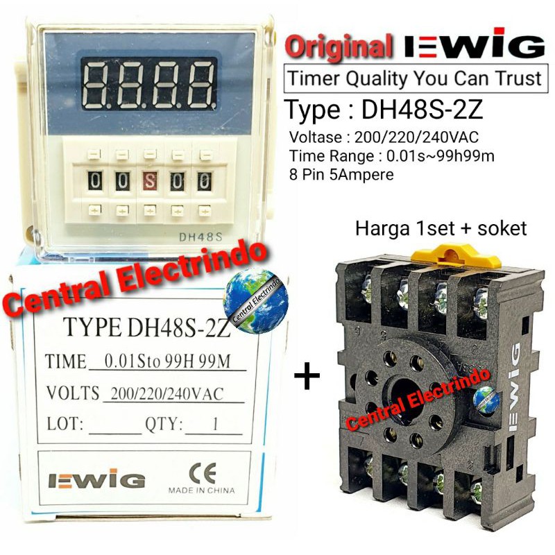 Timer Relay DH48S-2Z Counter Digital 220VAC + Socket 8pin EWIG.