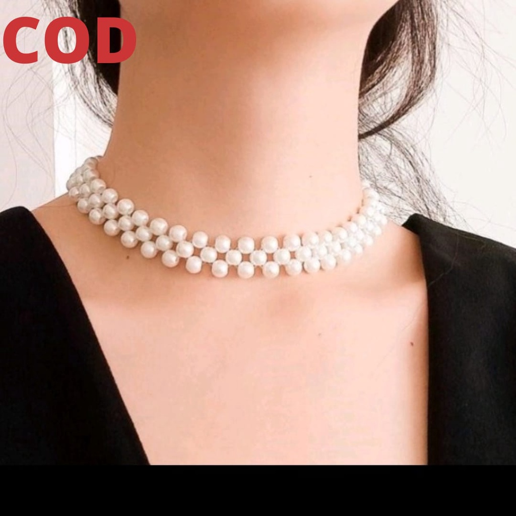 Pearl chooker necklace, kalung mutiara rangkai, kalung korea