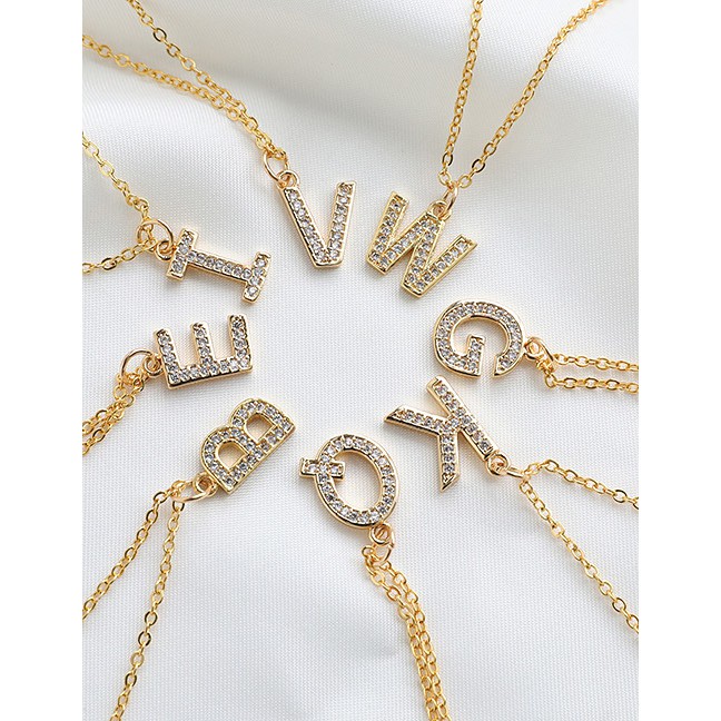 LRC Kalung Fashion Copper-inlaid Zircon Alphabet Necklace K42915