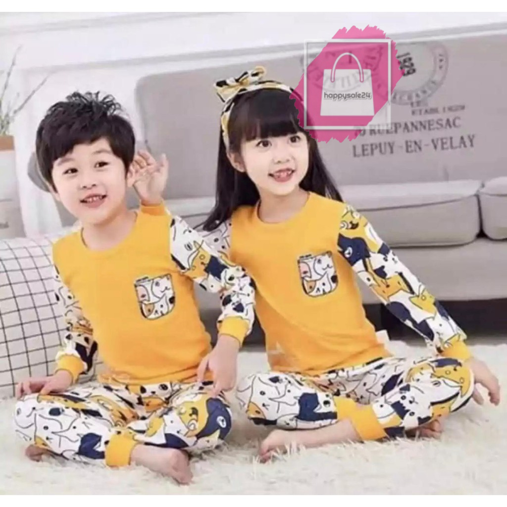 SETELAN ANAK BAJU ANAK UNISEX 1-5 TAHUN SETELAN PIYAMA KAOS MOTIF KUCING KUNING BAJU ANAK MURAH