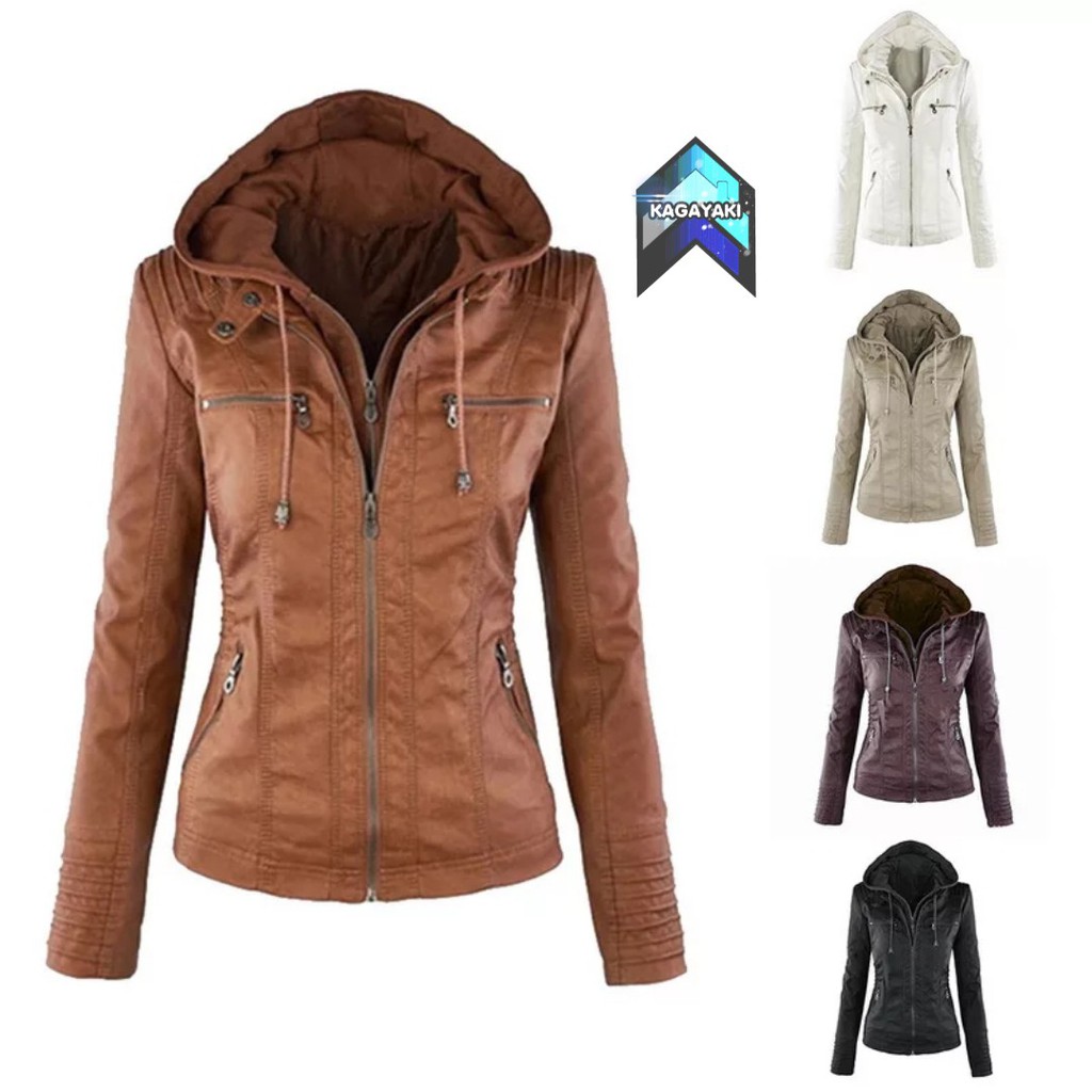 Jaket kulit sintetis wanita / jaket semi kulit hoodie / jaket murah /  fashion wanita-1