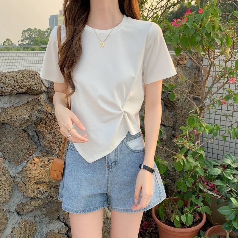 baju atasan wanita import lengan pendek twisted t-shirt korea style kemeja hitam crop blouse