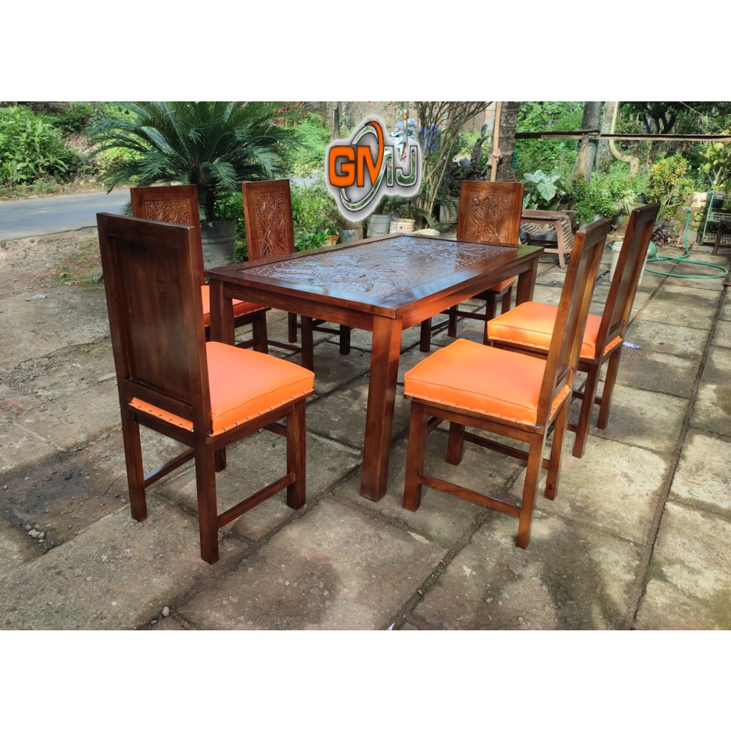 Meja makan jati minimalis 6 kursi motif bunga model dudukan bantalan