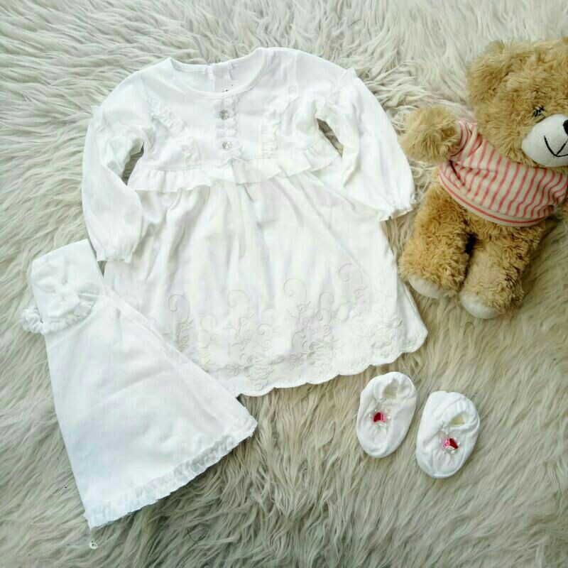 Gamis aqiqah Bayi Baru Lahir Baju Muslim Bayi Perempuan Putih Usia 0-9 Bulan C004