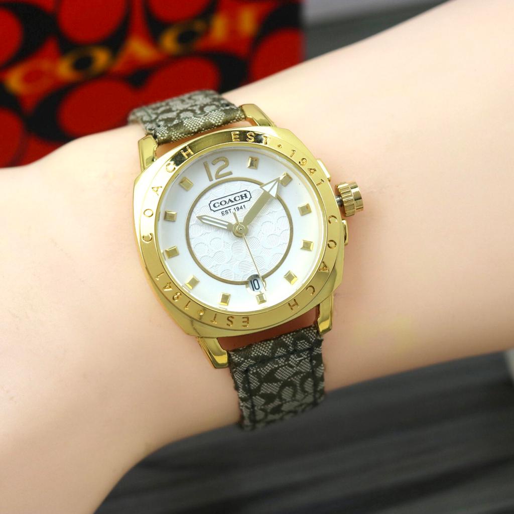 COD Jam Tangan Wanita Coach Tali Kulit Body Bulat Diamond Besar Tanggal Aktif Free Box Exclusive