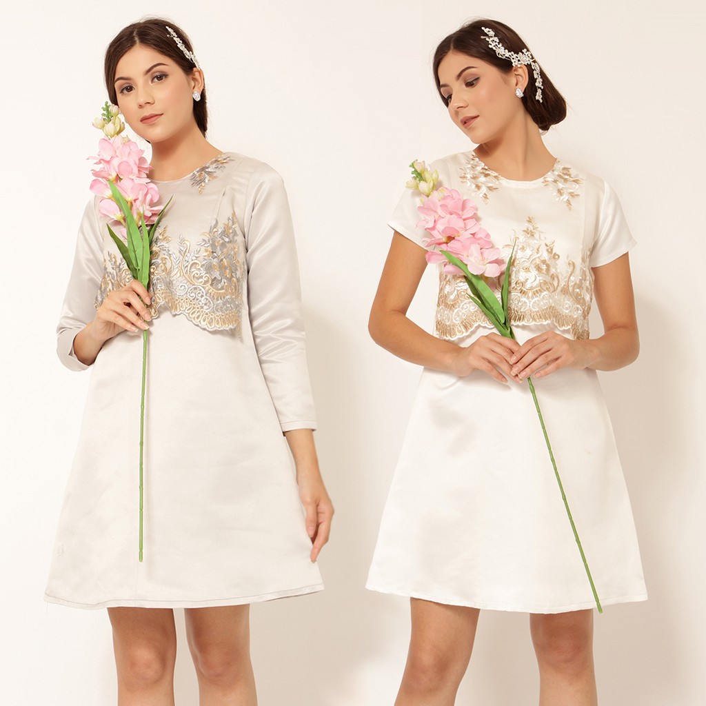 Calendula Nursing Dress, Dress Menyusui, White or Silver, Lengan Pendek atau Panjang, by Baju Island