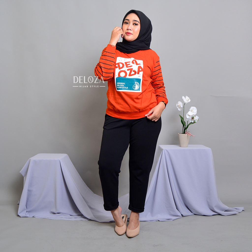 Sweetshirt Wanita Sablon Atasan Wanita Kaos Lengan Panjang Terbaru Blouse Jumbo Original Deloza Rib