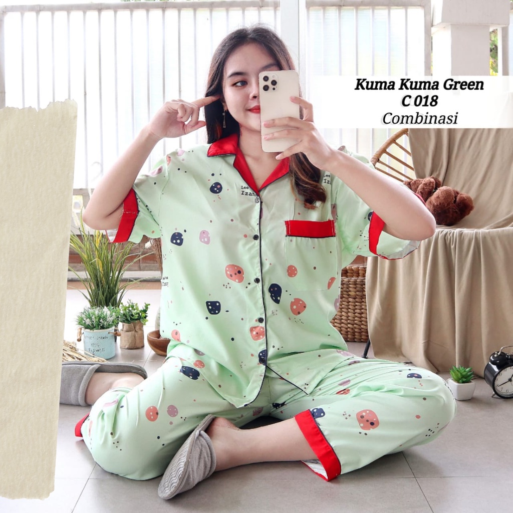 PIYAMA DEWASA JUMBO CP LD 120 cm big size lengan pendek celana panjang lucu-kuma Green ld 120